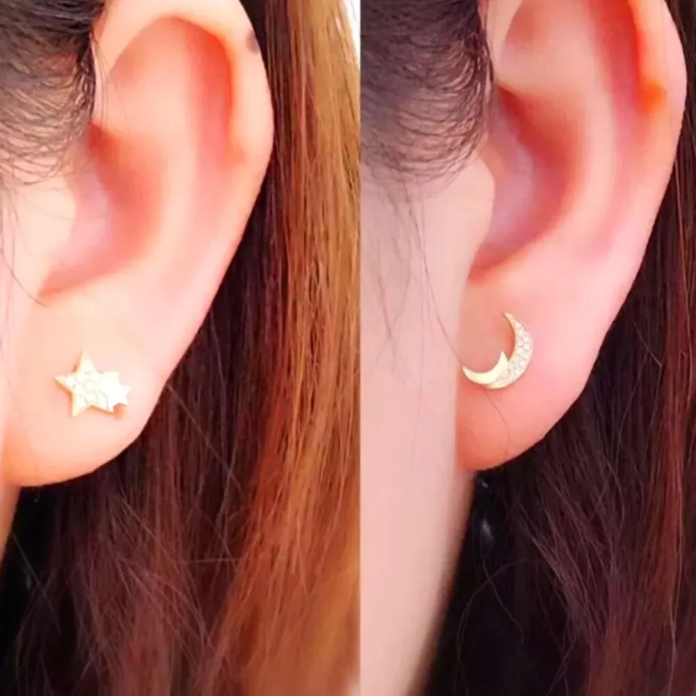 Zodiac White Baguette Diamond Star & Moon Earrings 18K Yellow Gold On 925 Silver